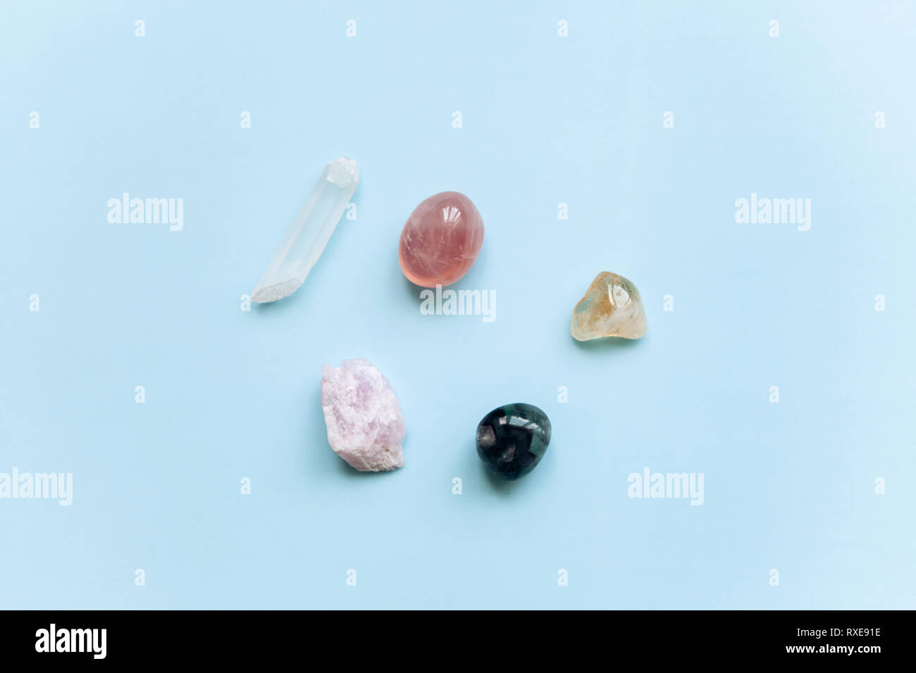 A set of minerals. White Quartz, Rose Quartz, Fluorite, Citrine and