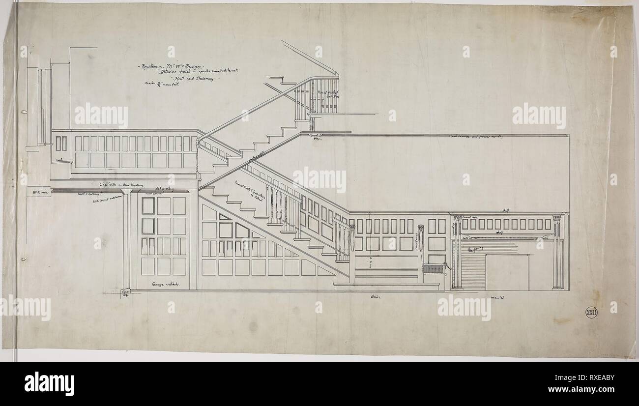 William Bunge House, Chicago, Illinois, Hall and Main Stairway Details. Treat and Foltz; American, 1871-1897. Date: 1889-1890. Dimensions: 47.5 × 84.5 cm (18 11/16 × 33 1/4 in.). Black ink on linen. Origin: Chicago. Museum: The Chicago Art Institute. Author: Treat & Foltz. Stock Photo