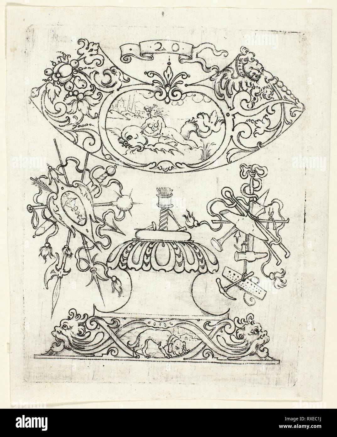 Plate 20, from twenty ornamental designs for goblets and beakers. Master A.P.; German, active early 17th century. Date: 1604. Dimensions: 120 x 105 mm (image); 130 x 105 mm (plate); 150 x 115 mm (sheet). Punch engraving in black on ivory laid paper. Origin: Germany. Museum: The Chicago Art Institute. Stock Photo