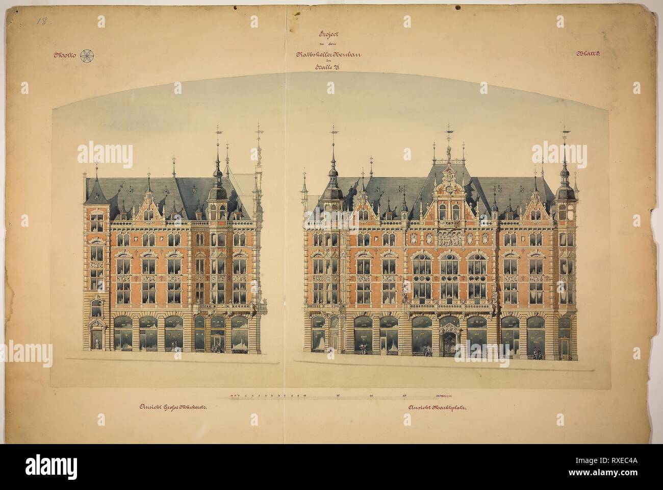 Rathskeller Neubau, Halle (Saale), Saxony-Anhalt, Germany, Elevations. Peter J. Weber; American, born Germany, 1863-1923. Date: 1882-1892. Dimensions: 68.6 × 98.1 cm (27 × 38 5/8 in.). Graphite, ink, watercolor, and tempera on paper. Origin: Saxony-Anhalt. Museum: The Chicago Art Institute. Author: Peter Joseph Weber. Stock Photo