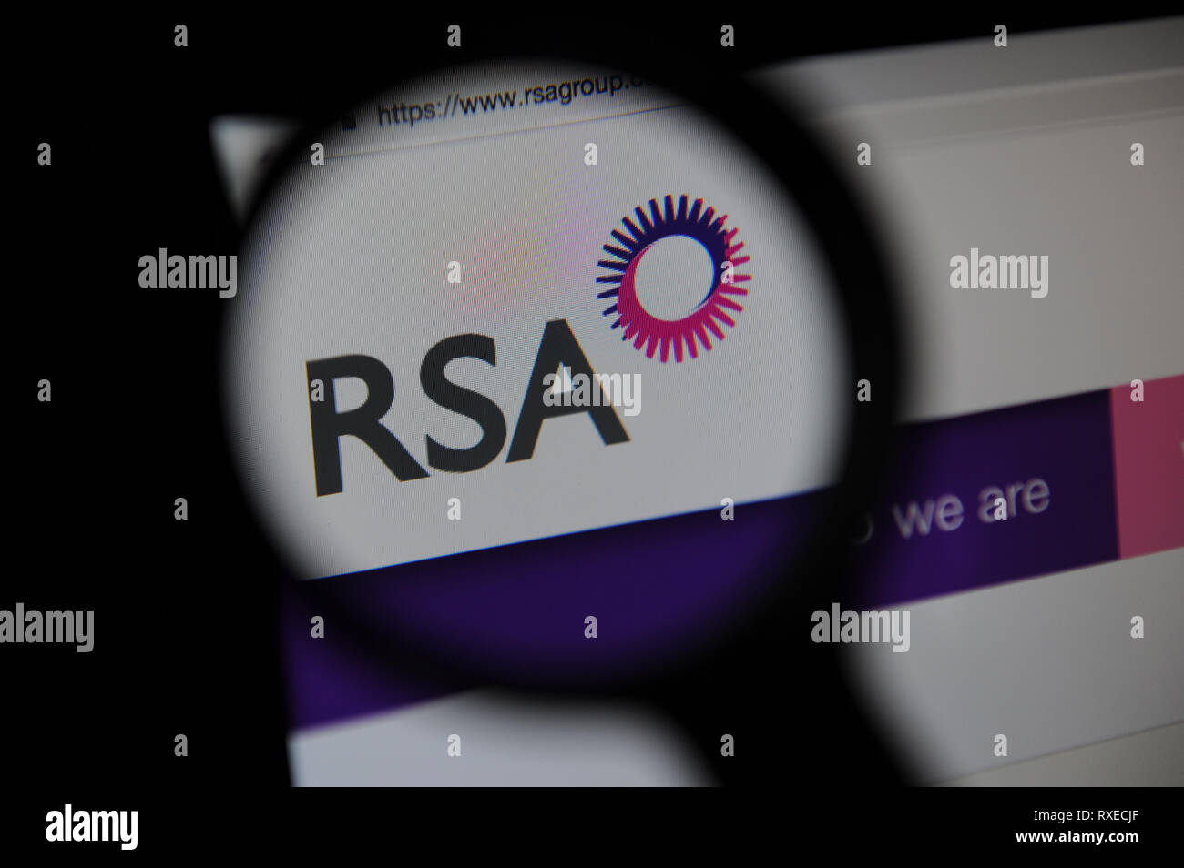 The RSA website seen through a magnifying glass Stock Photo