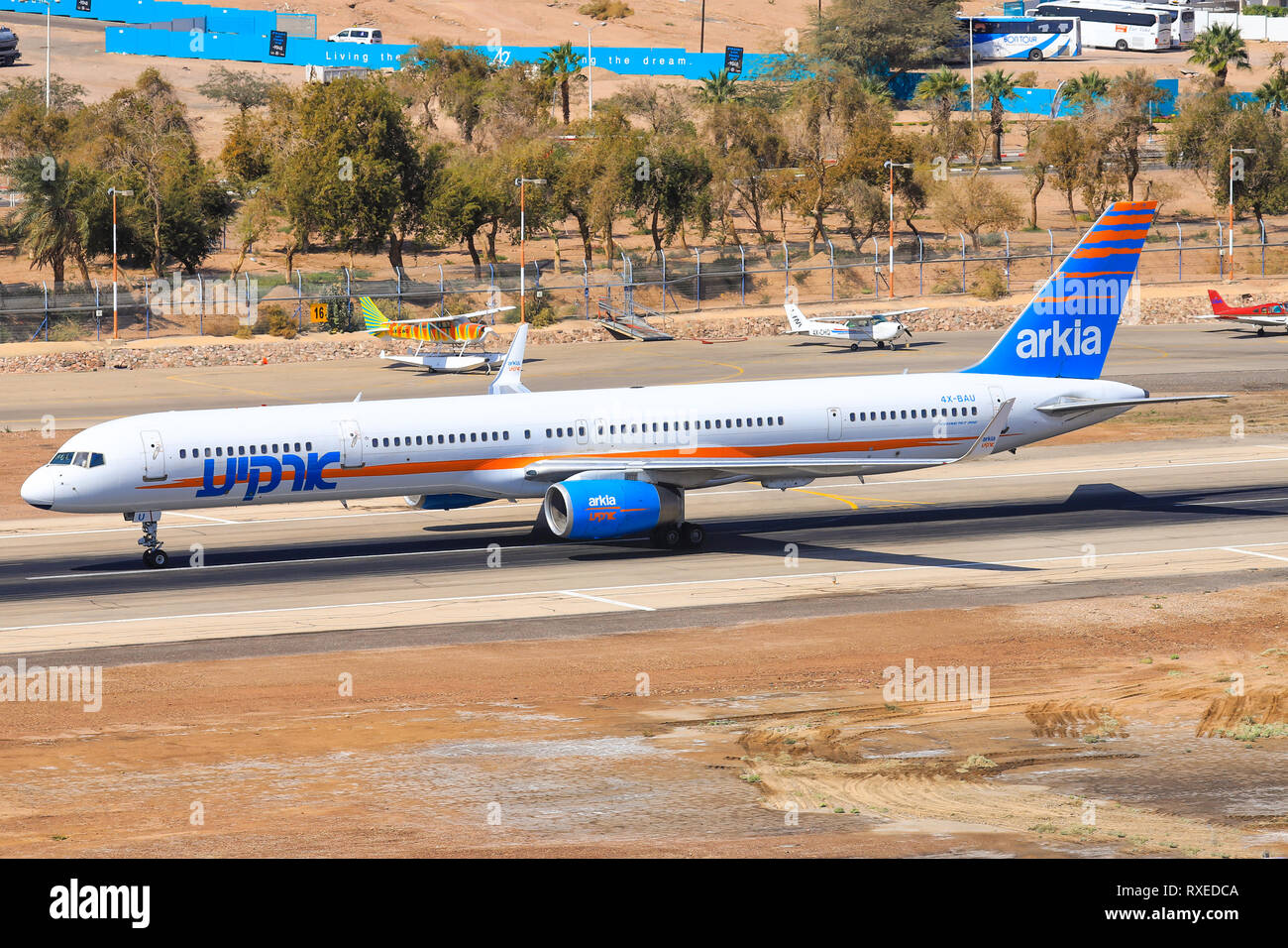 Eilat, ISRAEL-February 24, 2019: Israir  Boeing 757-3E7 at old Eilat international Airport. Stock Photo