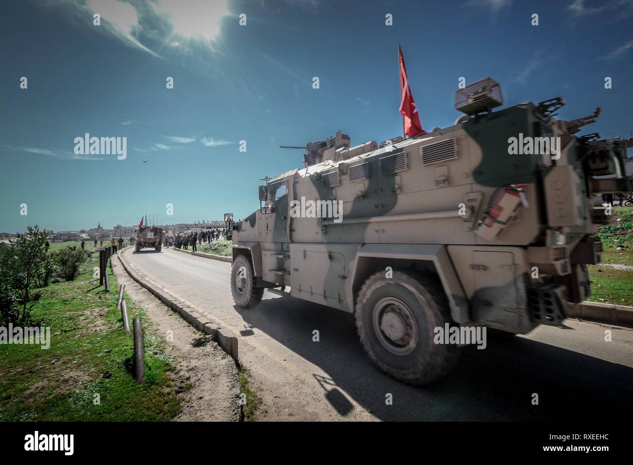 An armored vehicle seen during the patrol. The Turkish army begins its first patrol around the Syrian border in the demilitarized zone between the control points with a number of armored vehicles. Stock Photo