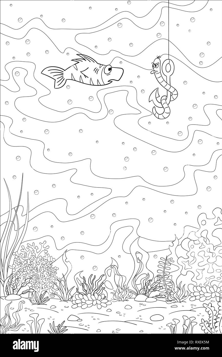 Coloring book underwater landscape with fish and worm. Hand draw vector illustration with separate layers. Stock Vector