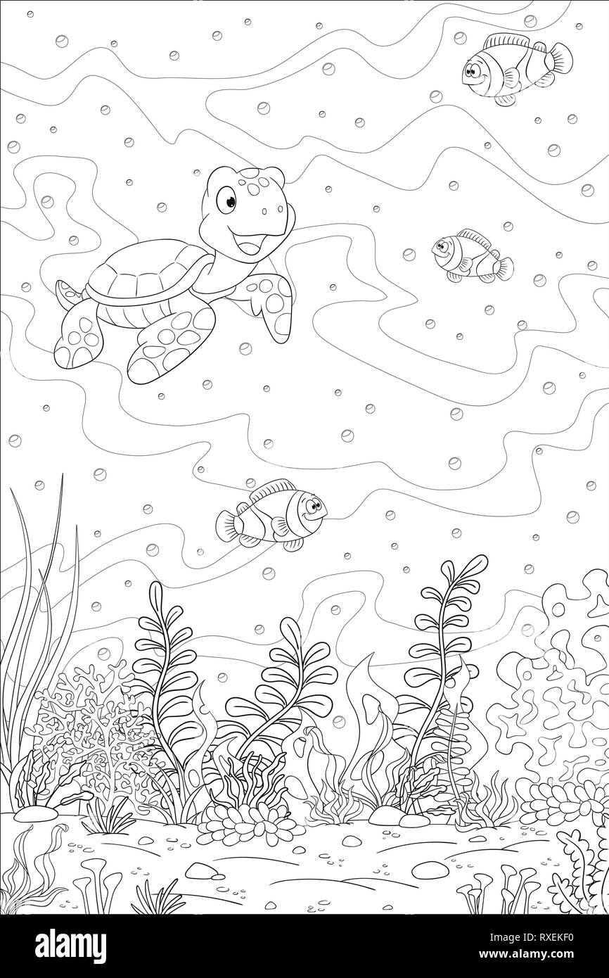 Coloring book underwater landscape. Hand draw vector illustration with separate layers. Stock Vector