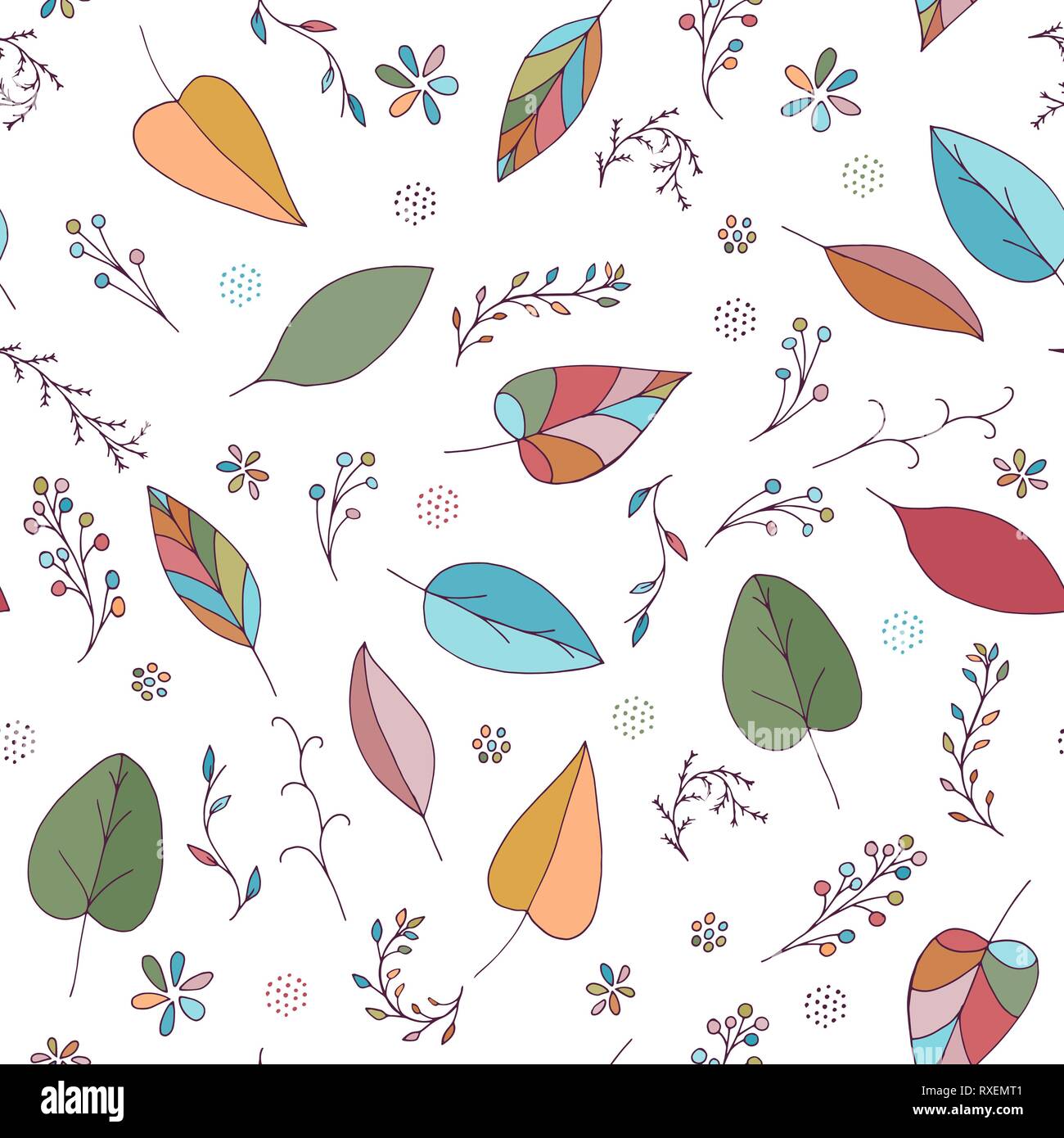 Vector seamless doodle pattern with abstract leaves, berries, flowers ...
