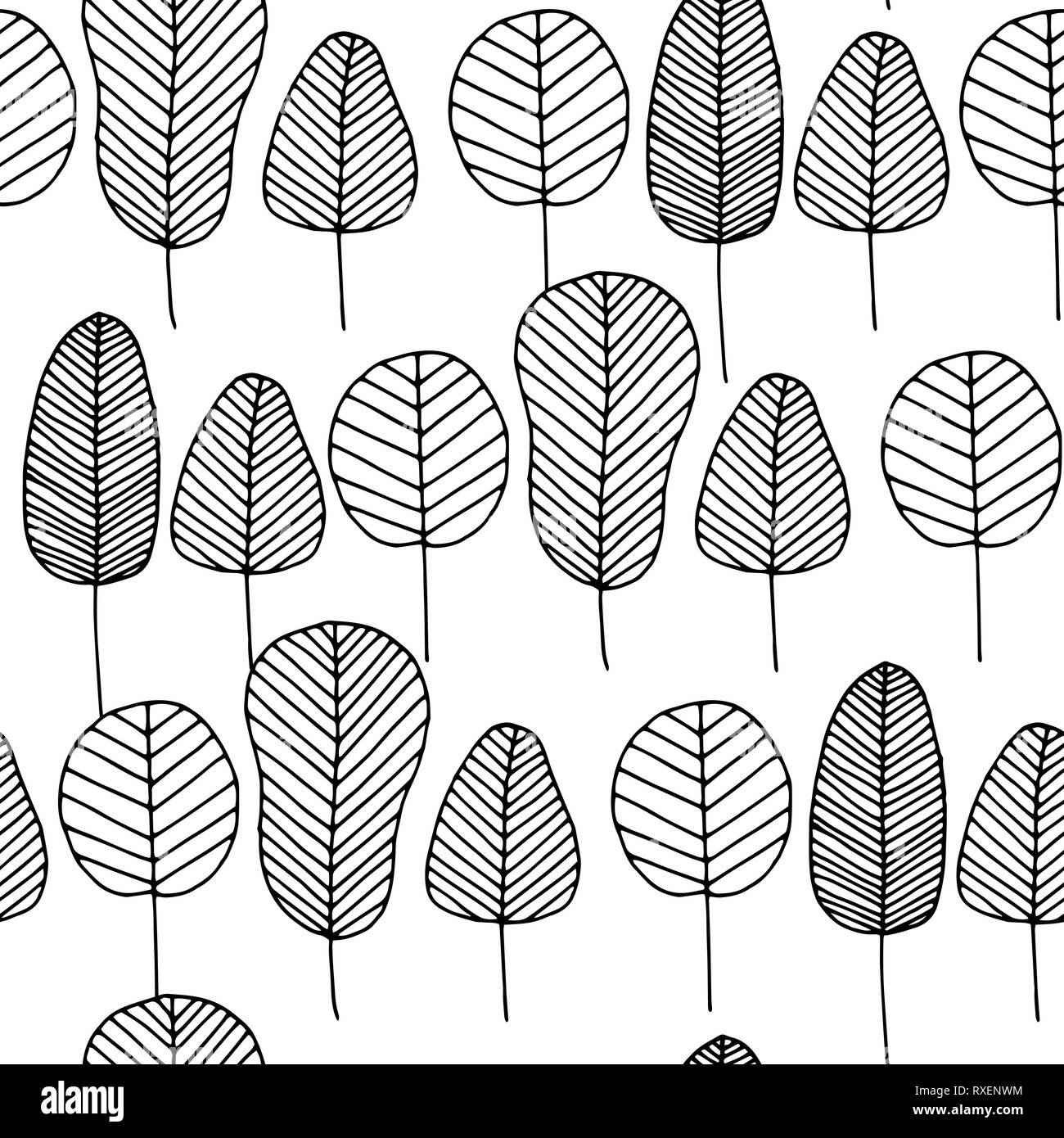 Vector doodle seamless pattern with black colorless skeleton leaves on white background. Hand drawn illustration with abstract trees. Texture design. Stock Vector