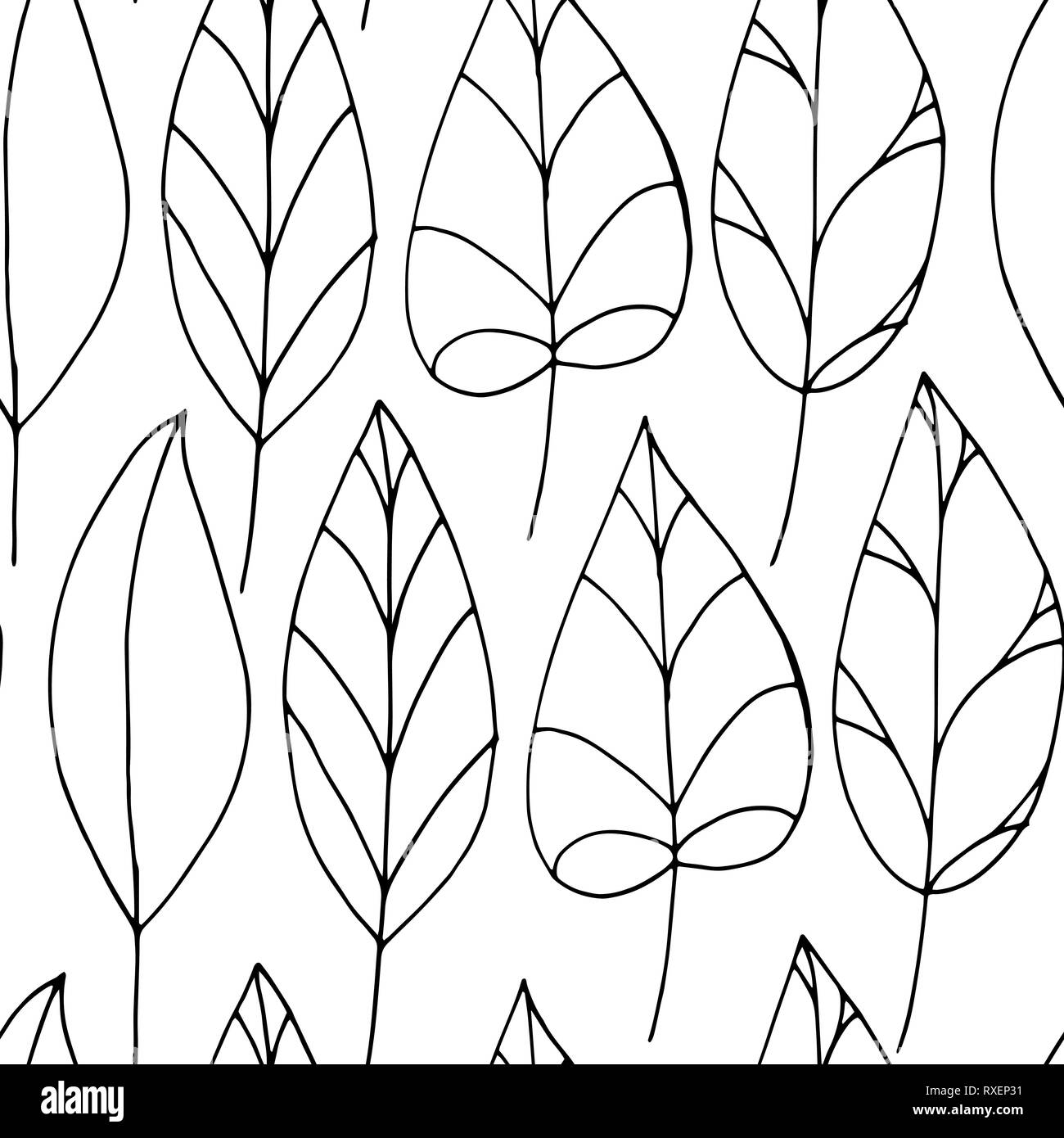 Vector doodle seamless pattern with black colorless leaves on white background. Repeating wallpaper. Hand drawn illustration with abstract leaves. Stock Vector