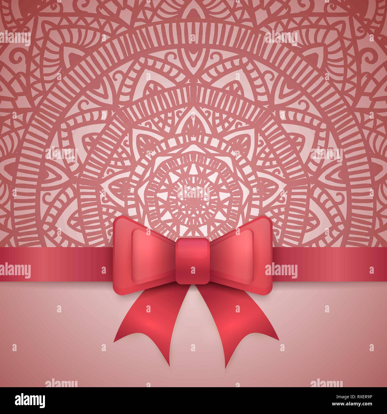 Pink vintage greeting card template with bow ribbon and laces. Red