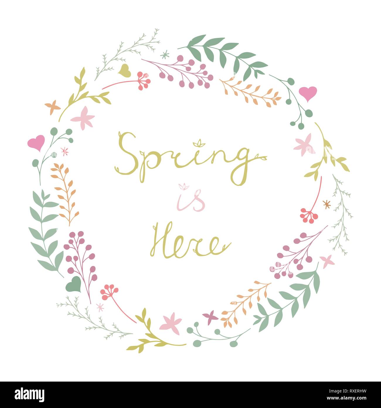 Beautiful vector floral spring wreath in gentle colors isolated on white background. Spring Is Here lettering. Botanical round garland. Stock Vector