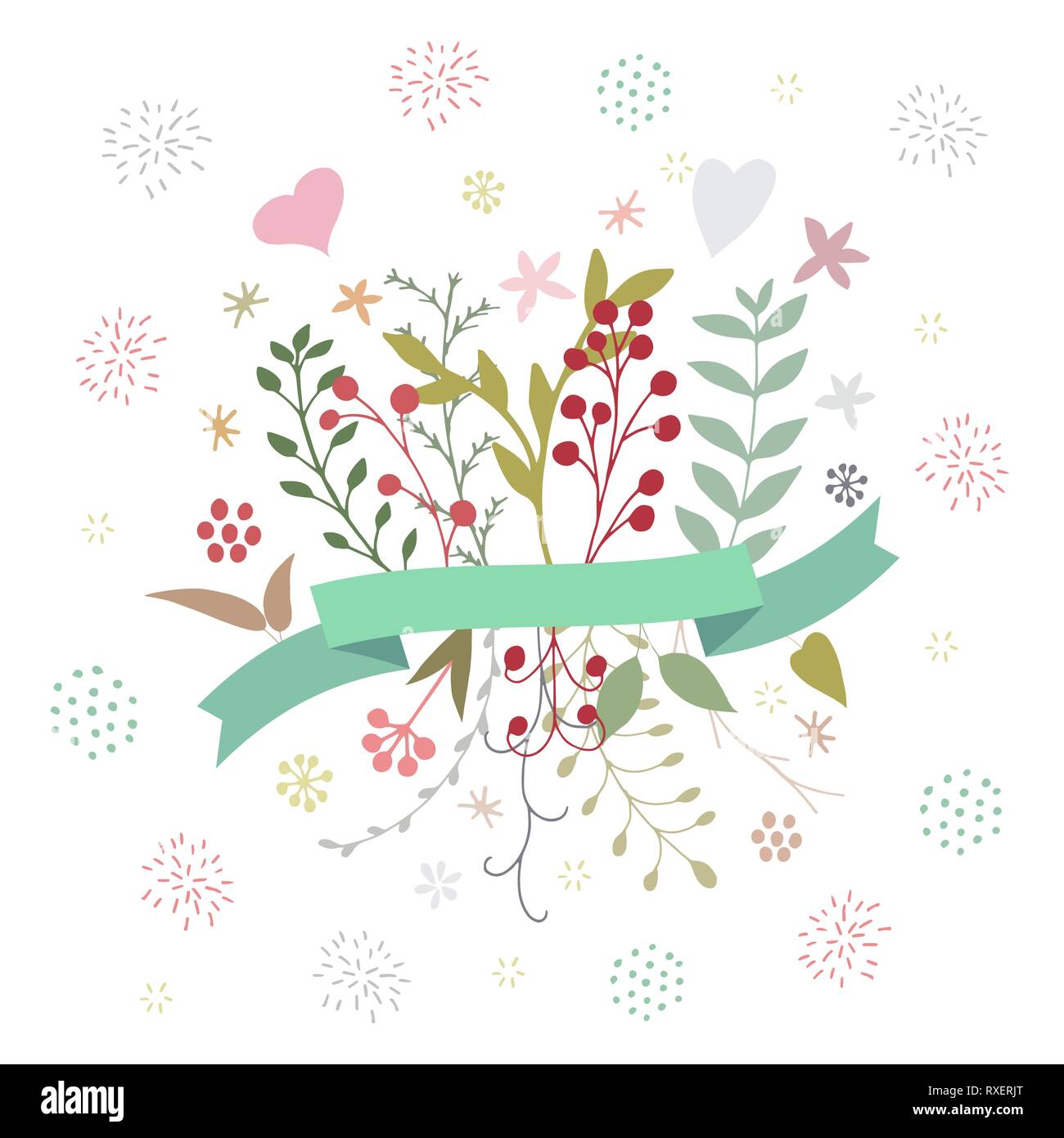 Beautiful vector abstract floral spring bouquet with leaves, berries, florwers, fireworks and ribbon in gentle colors isolated on white background. Cu Stock Vector