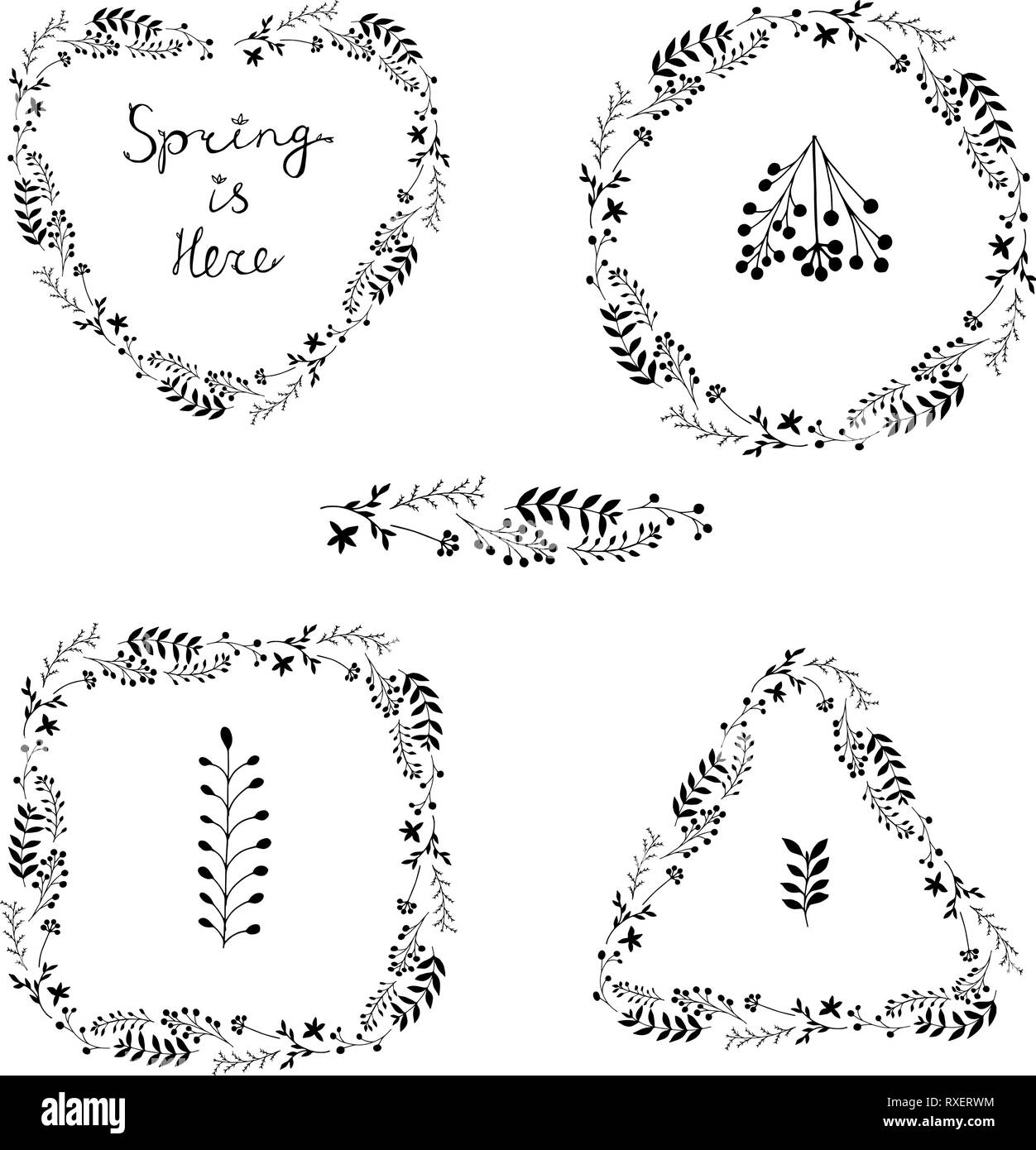 Beautiful vector set of black floral spring wreaths isolated on white background. Spring Is Here lettering. Botanical garland silhouettes. Stock Vector