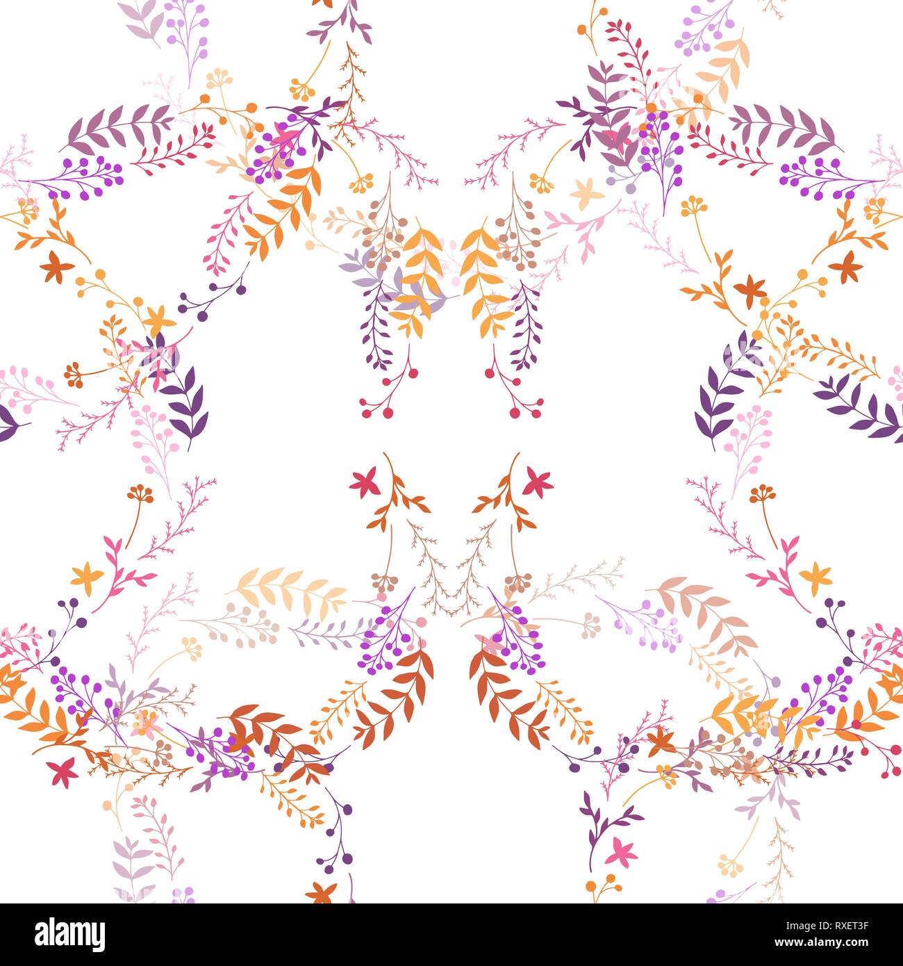 Vector seamless romantic pattern with abstract leaves, berries, flowers ...