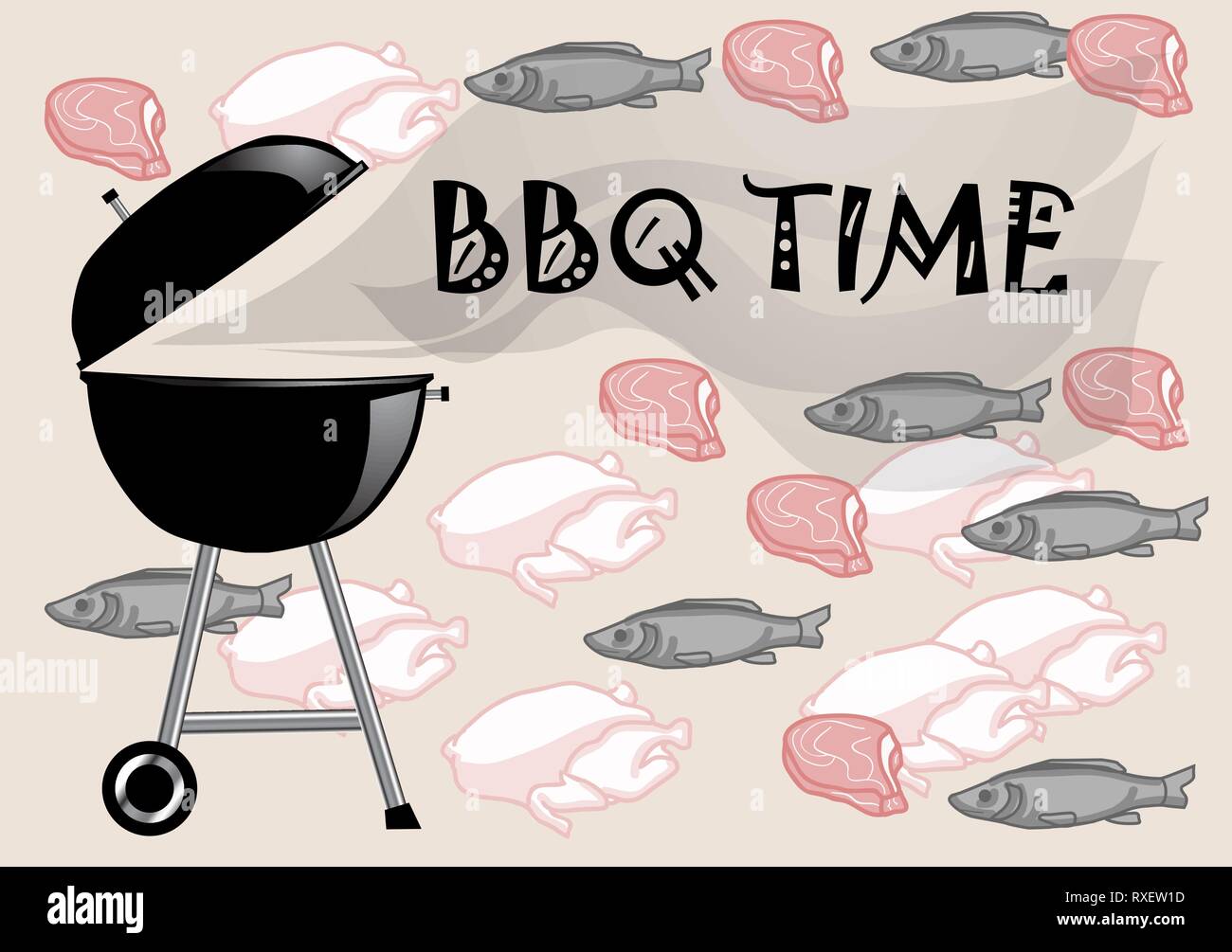 barbecue time. abstract background with meat, fish and chicken Stock ...