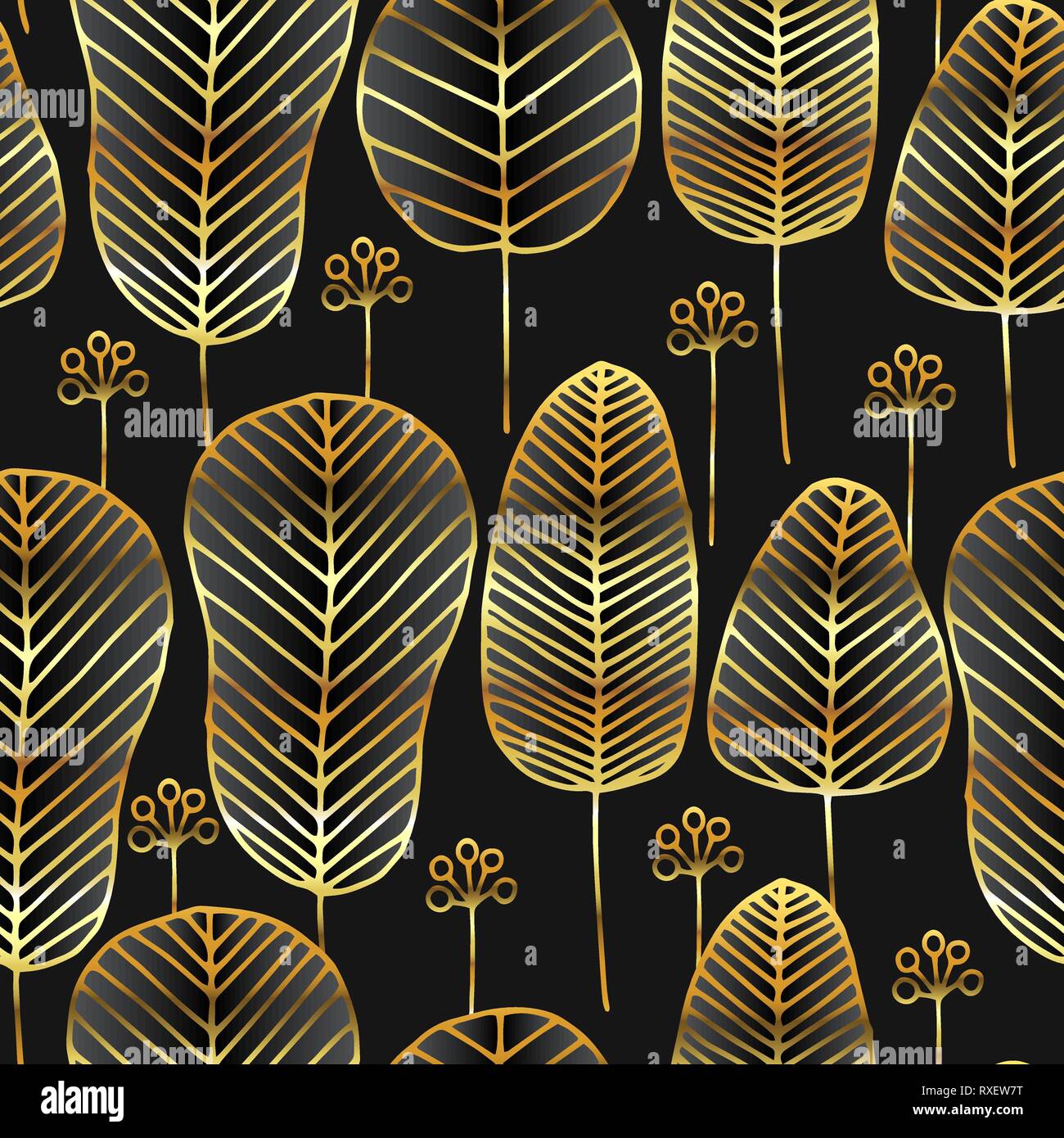 Vector doodle seamless pattern with gold leaves on black background ...
