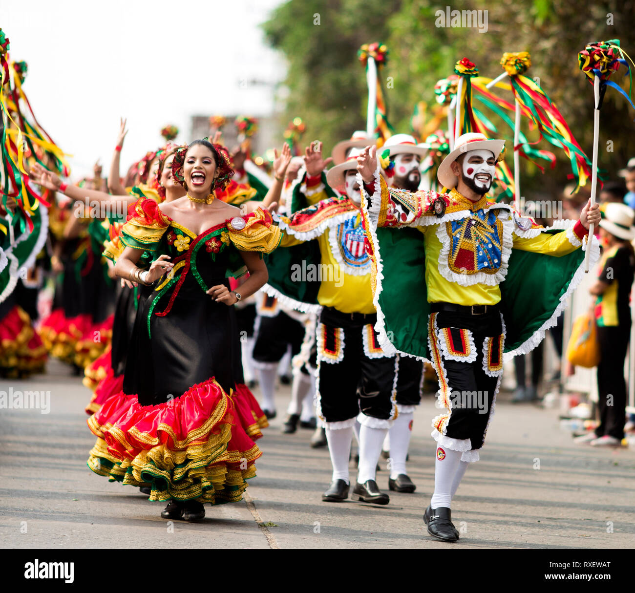 BARRANQUILLA, COLOMBIA - MARCH 03: A group of dancers perform during the 'Gran Parada de Tradicion y Folclor' as part of Barranquilla Carnival 2019 on Stock Photo
