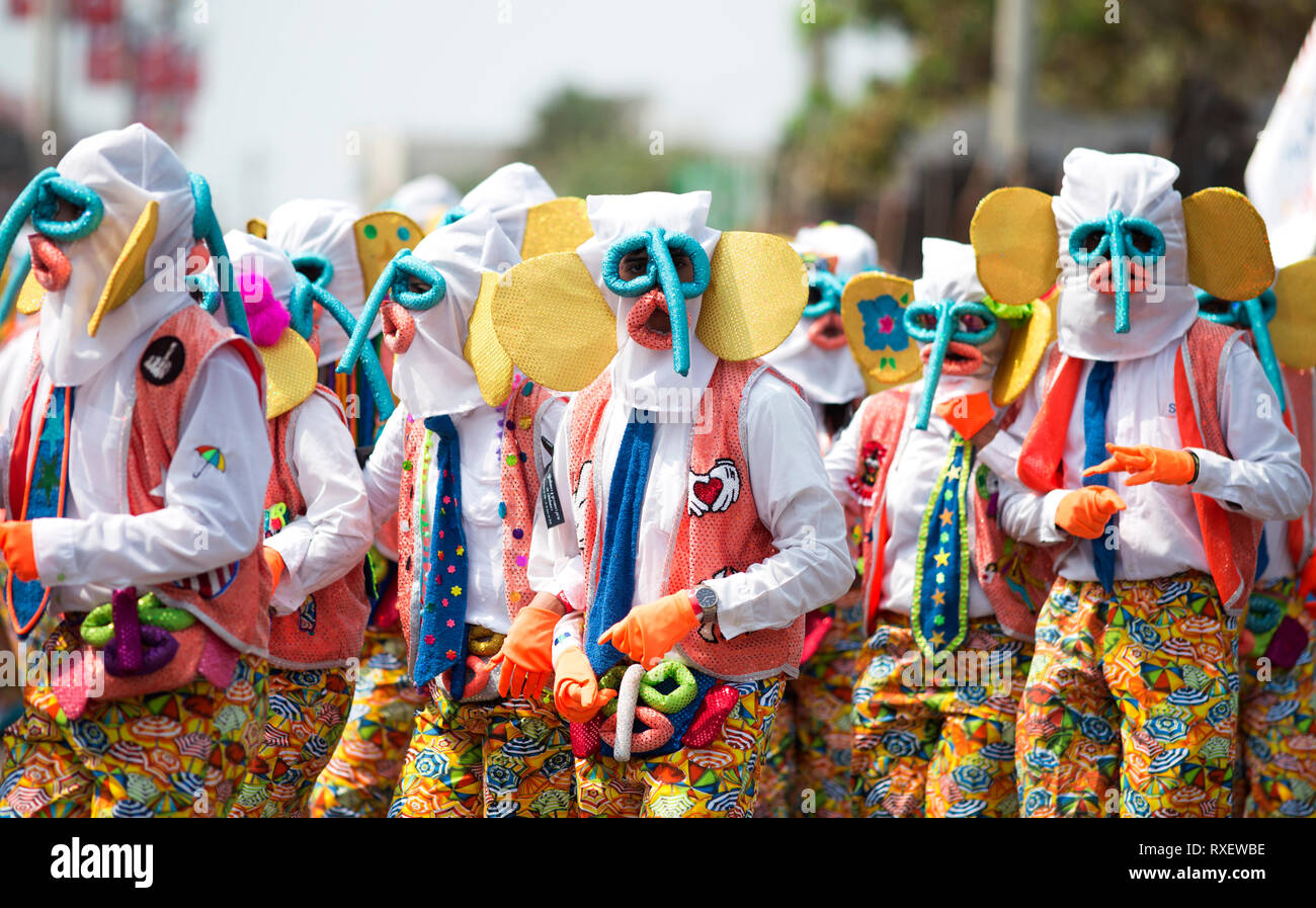 BARRANQUILLA, COLOMBIA - MARCH 04: Dancers with a marimonda custom perform during the 'Gran Parada de Comparsas' as part of Barranquilla Carnival 2019. Stock Photo