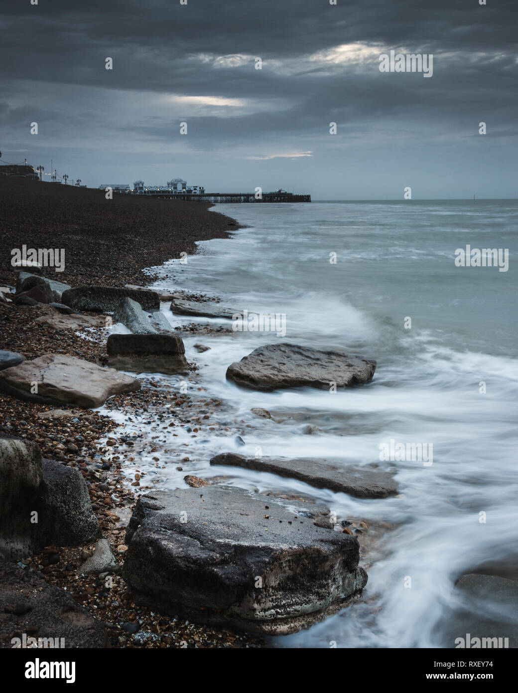 Rocky landscape, Southsea beach, Portsmouth, Hampshire Stock Photo