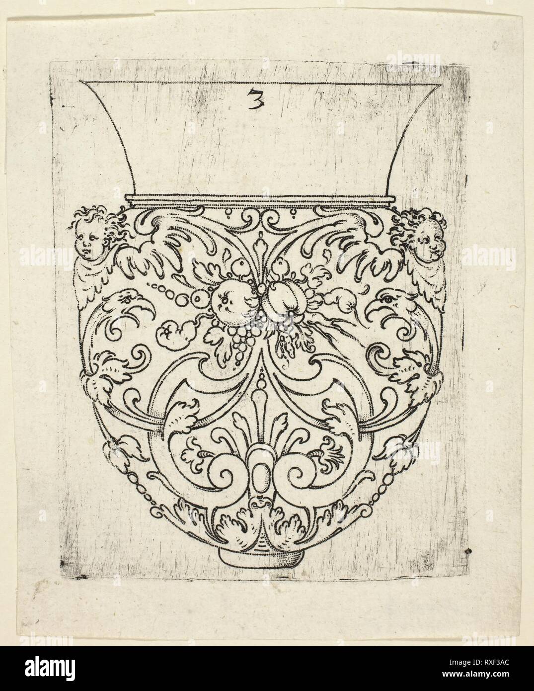 Plate 3, from twenty ornamental designs for goblets and beakers. Master A.P.; German, active early 17th century. Date: 1604. Dimensions: 120 x 95 mm (image/plate); 145 x 120 mm (sheet). Punch engraving in black on ivory laid paper. Origin: Germany. Museum: The Chicago Art Institute. Stock Photo