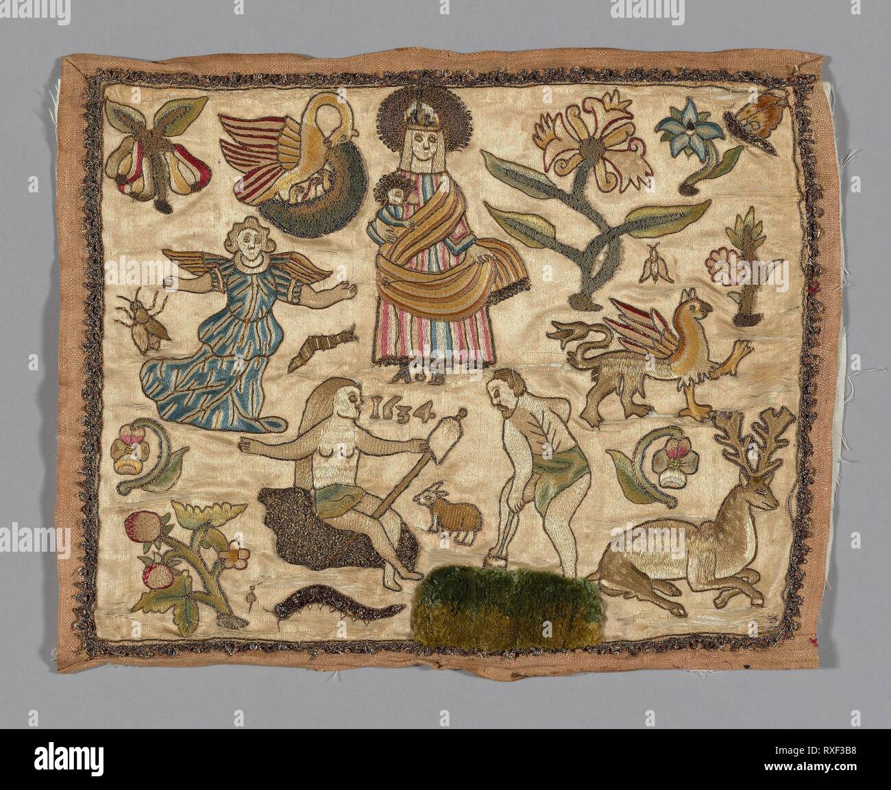 Picture. England. Date: 1634. Dimensions: 22.8 × 28.6 cm (9 × 11 1/4 in.). Silk, satin weave; embroidered. Origin: England. Museum: The Chicago Art Institute. Stock Photo