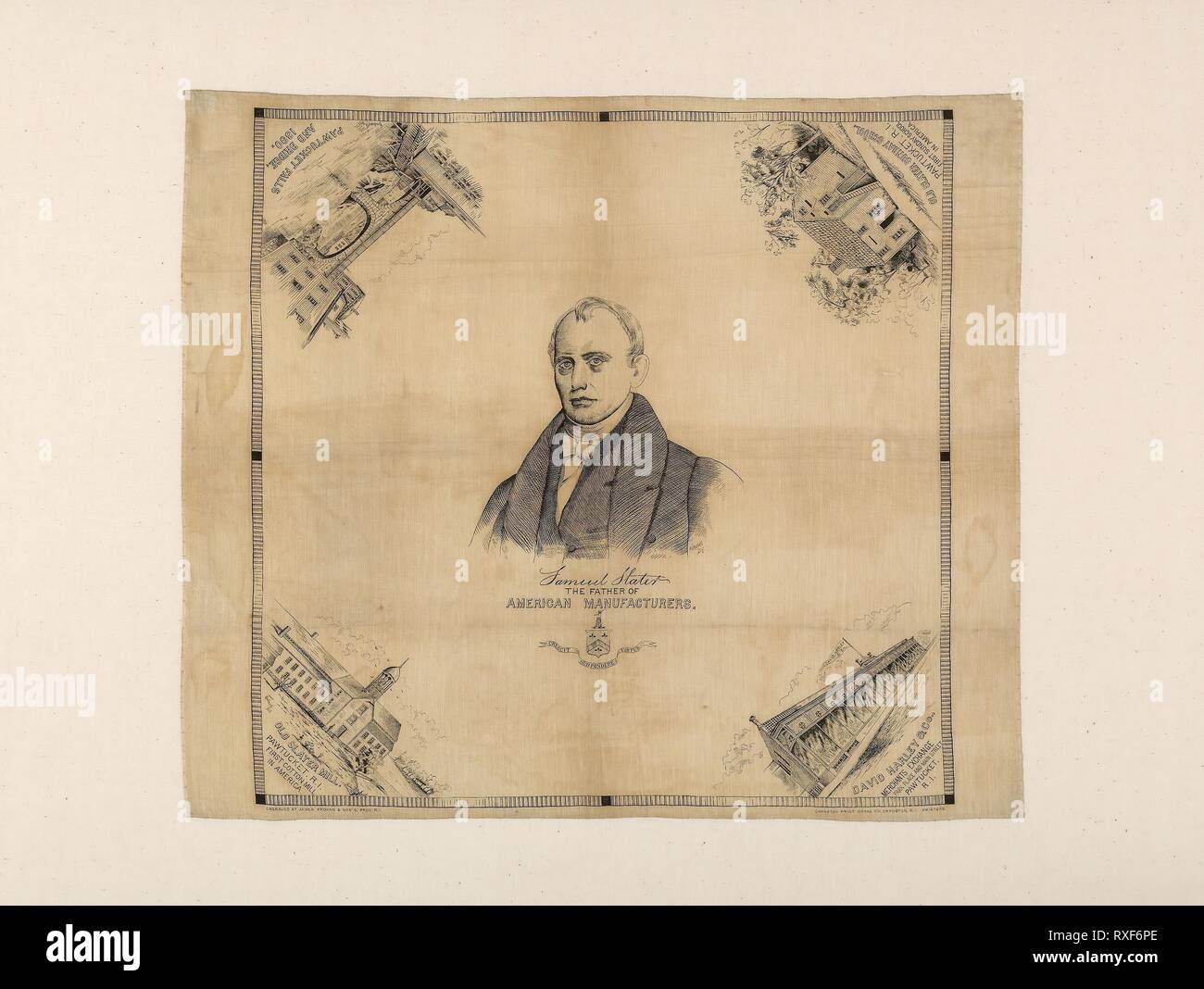 Samuel Slater, The Father of American Manufacturers (Handkerchief). Engraved by James Provan &amp; Son's (American, active 1890s) after a portrait by James Sullivan Lincoln (American, 1811-1888); Manufactured by Cranston Print Works Co. (American, active 1890); United States, Rhode Island, Cranston. Date: 1890. Dimensions: 58.15 x 66.7 cm (22 7/8 x 26 1/4 in.). Cotton, plain weave; engraved roller printed. Origin: Rhode Island. Museum: The Chicago Art Institute. Author: Cranston Print Works Company. Stock Photo