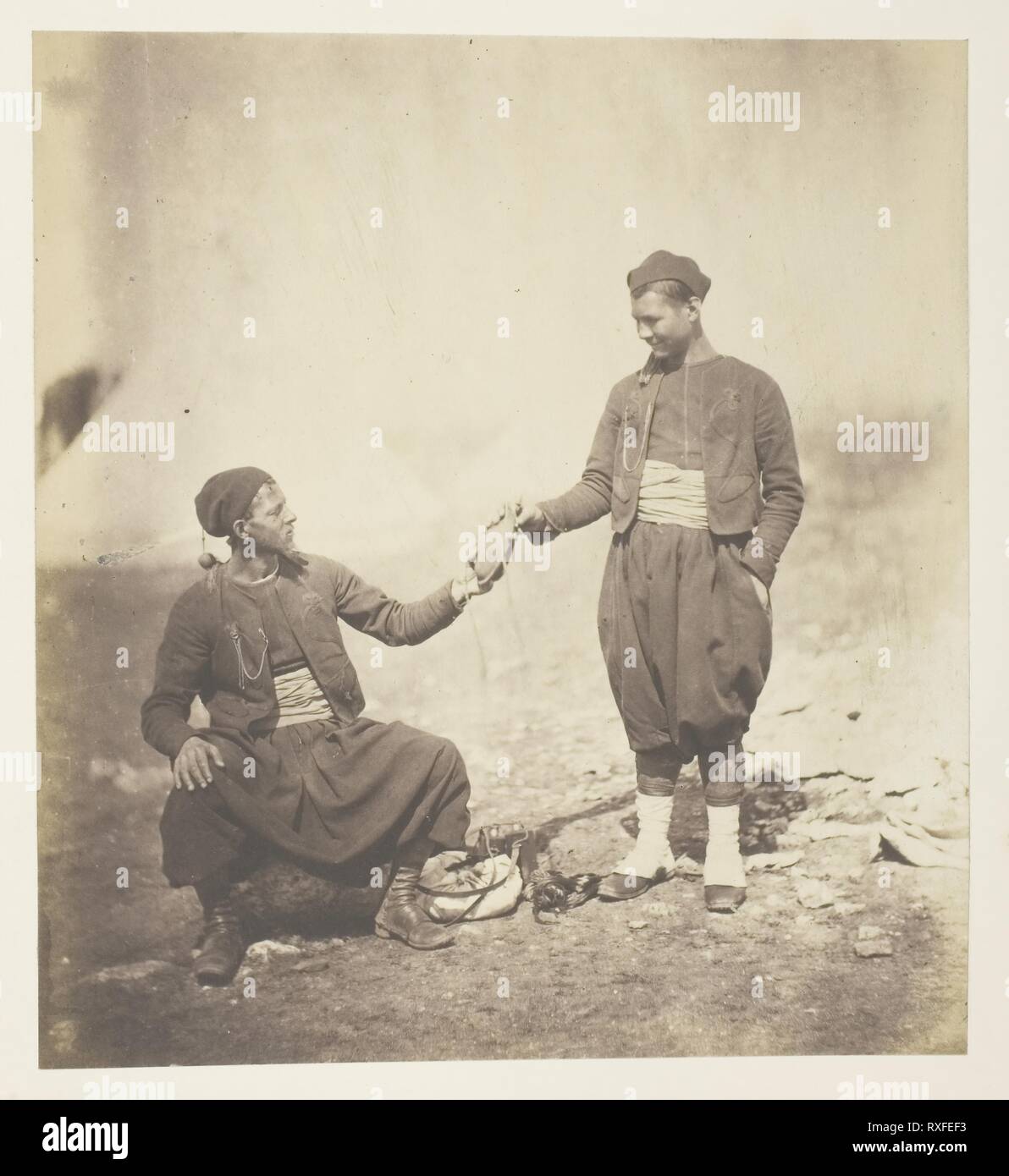 Zouaves. Roger Fenton; English, 1819-1869. Date: 1855. Dimensions: 18.4 × 16.8 cm (image/paper); 58.9 × 42.5 cm (mount). Salted paper print, plate 32 from the album 'Photographs Taken in the Crimea' (1856). Origin: England. Museum: The Chicago Art Institute. Stock Photo