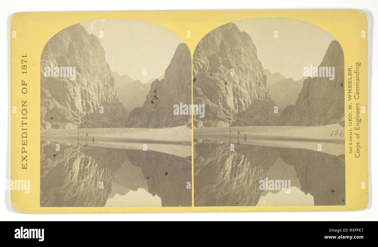 View down Black Cañon, from Mirror Bar. The walls repeated by reflection. Timothy O'Sullivan (American, born Ireland, 1840-1882); commissioned by George Wheeler for the War Department, Corps of Engineers, U.S. Army. Date: 1871. Dimensions: 9.3 x 7.5 cm (each image); 10 x 17.8 cm (card). Albumen print, stereo, No. 3 from the series 'Geographical Explorations and Surveys West of the 100th Meridian'. Origin: United States. Museum: The Chicago Art Institute. Stock Photo