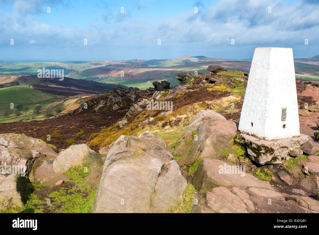 Trig point on the Roaches ridge in the Peak District National Park, UK Stock Photo