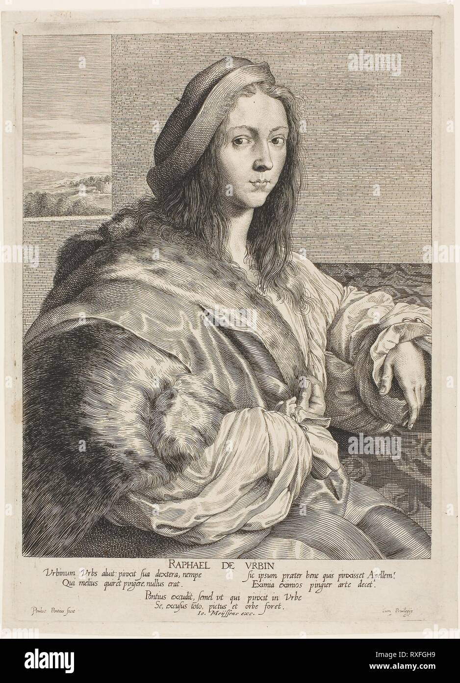 Portrait of Raphael. Paul Pontius; Flemish, 1603-1658. Date: 1623-1658. Dimensions: 221 × 172 mm (image); 253 × 181 mm (plate); 262 × 191 mm (sheet). Engraving on paper. Origin: Flanders. Museum: The Chicago Art Institute. Stock Photo