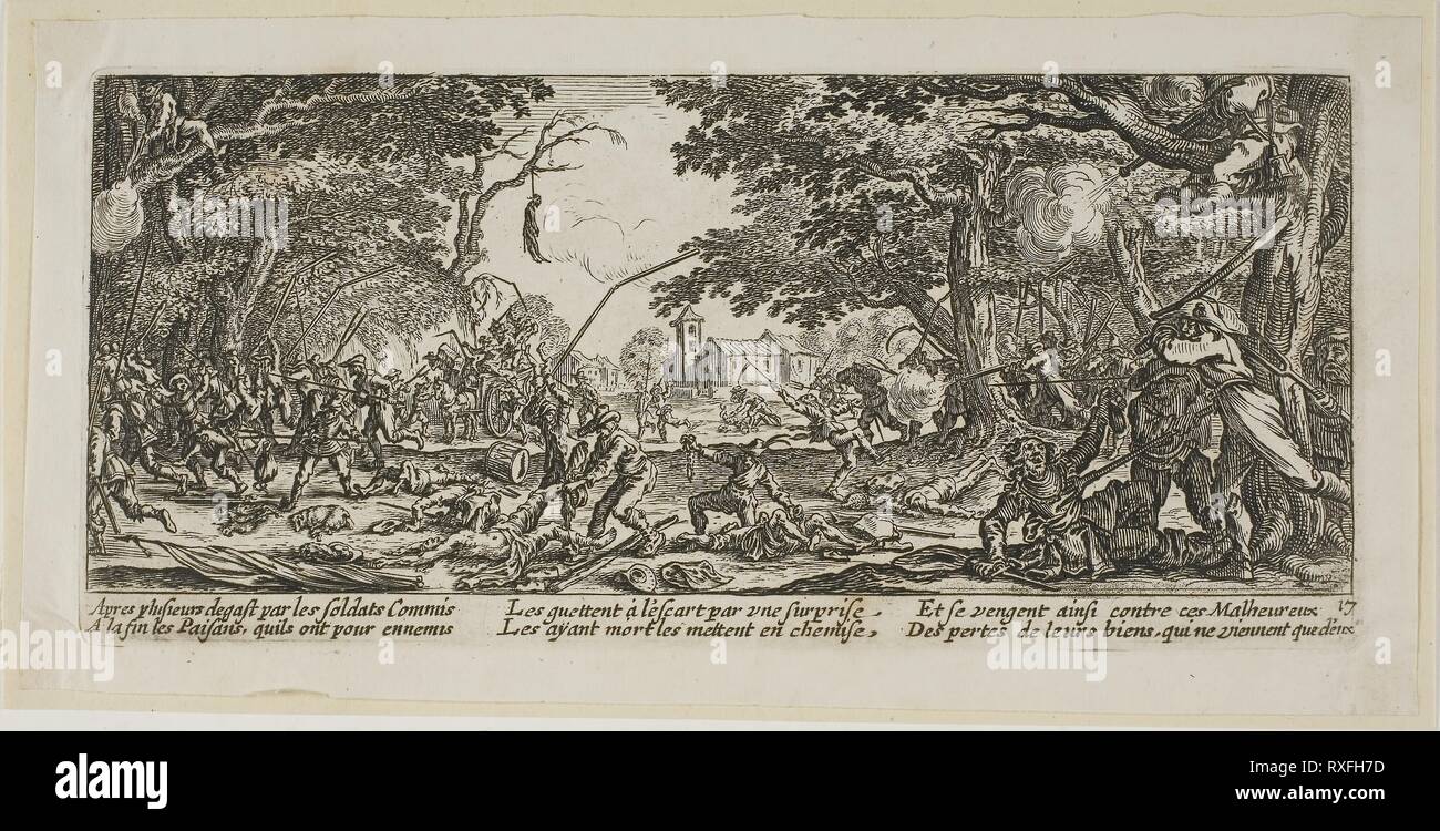 The Peasants Avenge Themselves, plate seventeen from The Large Miseries of War. Gerrit Lucasz van Schagen (Dutch, born 1642); after Jacques Callot (French, 1592-1635). Date: 1612-1635. Dimensions: 75 x 182 mm (image); 84 x 184 mm (plate); 101 x 201 mm (sheet). Etching on paper. Origin: Netherlands. Museum: The Chicago Art Institute. Stock Photo