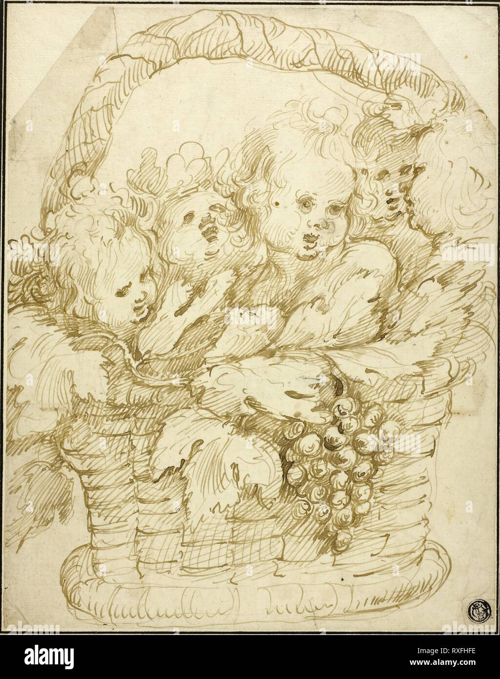 Basket of Cupids. Attributed to Jan Boeckhorst; Flemish, born Germany, about 1604-1668. Date: 1625-1668. Dimensions: 269 × 213 mm (sheet); 310 × 251 (secondary support). Pen and brown ink on ivory laid paper, laid down on ivory laid paper (chine collé). Origin: Flanders. Museum: The Chicago Art Institute. Author: Johann Boeckhorst. Stock Photo