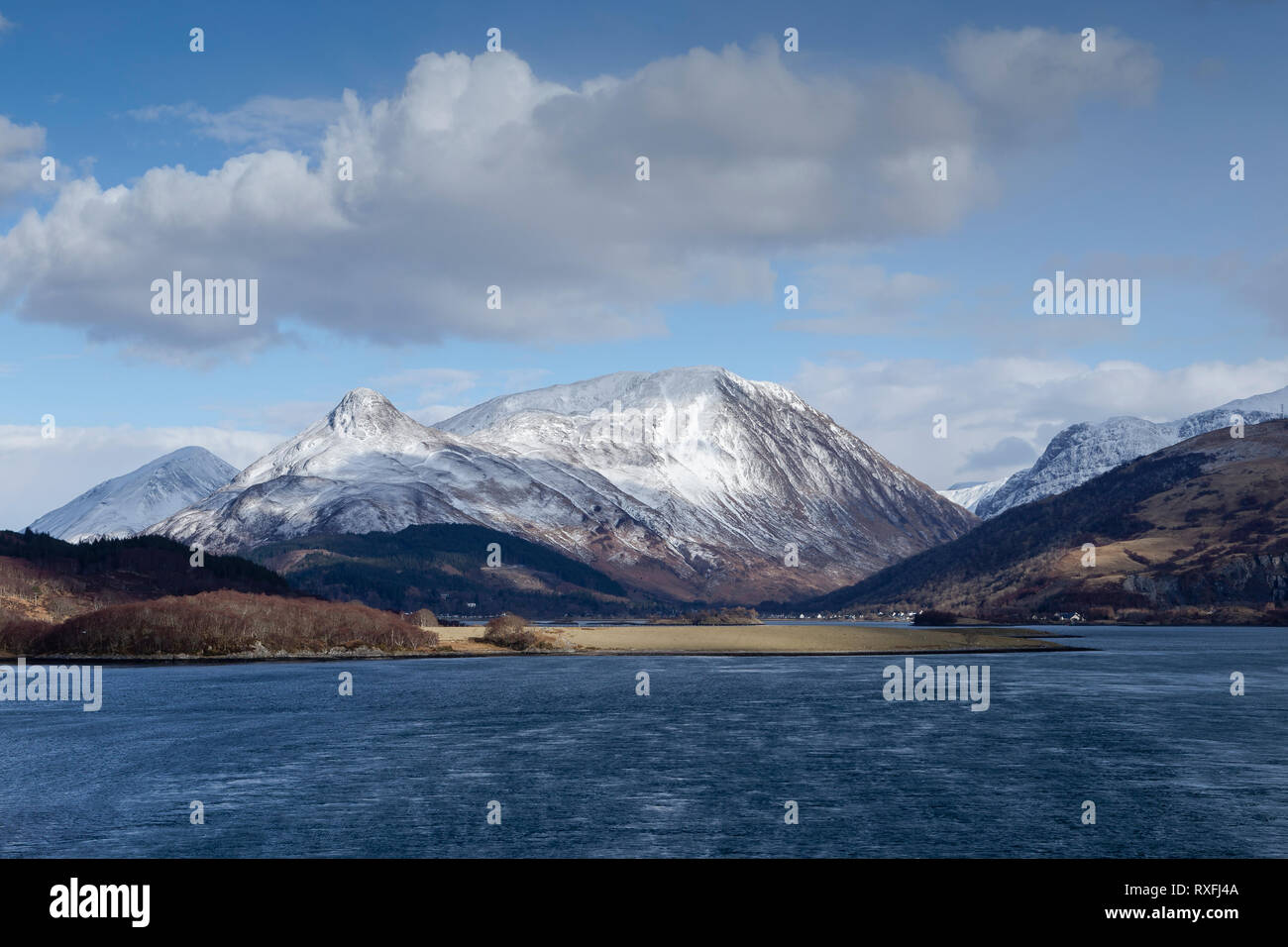 The Pap of Glencoe, Sgorr nam Fiannaidh and Glencoe village from North Ballachulish, Highland, Scotland Stock Photo