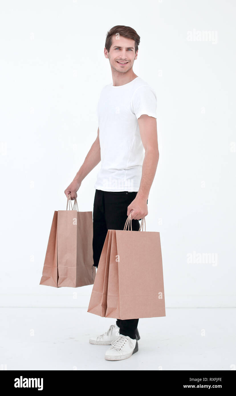 Guy satisfied carries bag Stock Photo Alamy