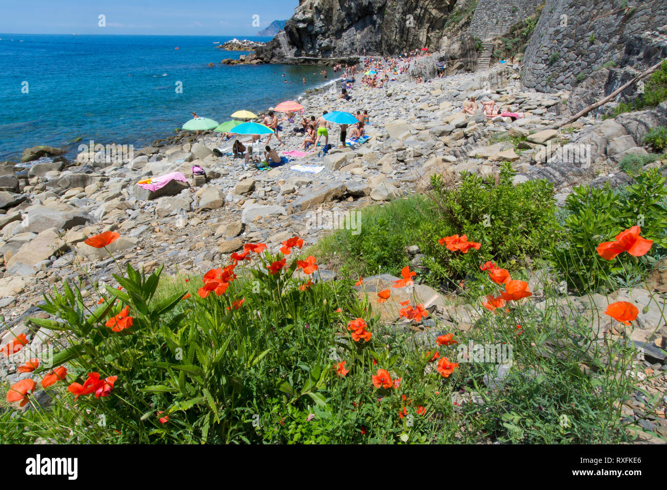 Beach at Riomaggiore, a village and comune in the province of La Spezia, situated in a small valley in the Liguria region of Italy Stock Photo