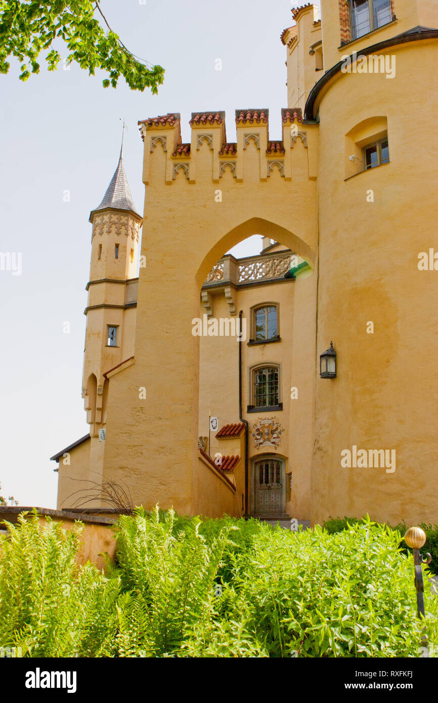 Towers and parapets on castle walls at Hohenschwangau Castle in Bavaria ...