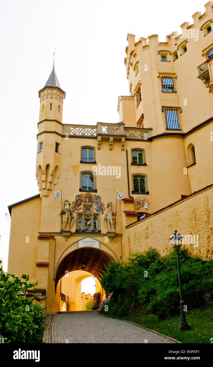 Towers and parapets on castle walls at Hohenschwangau Castle in Bavaria ...