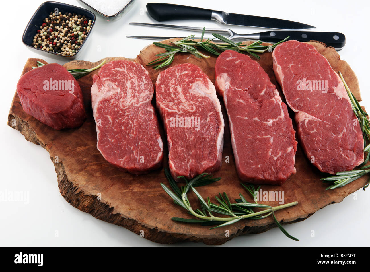 Steak raw. Barbecue Rib Eye Steak, dry Aged Wagyu Entrecote. Variety of