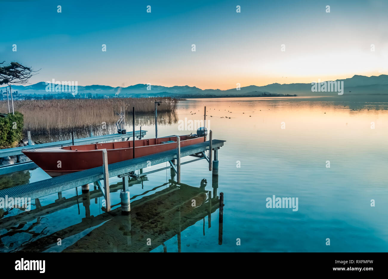 Small fishing harbor in the ancient village of hurden the shores of the Upper Zurich Lake (Seedam, canton sschwyz, Switzerland Stock Photo