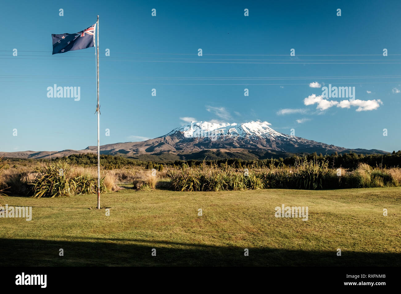 Mount Ruapehu and New Zealand Ensign in the North Island of New Zealand. Stock Photo
