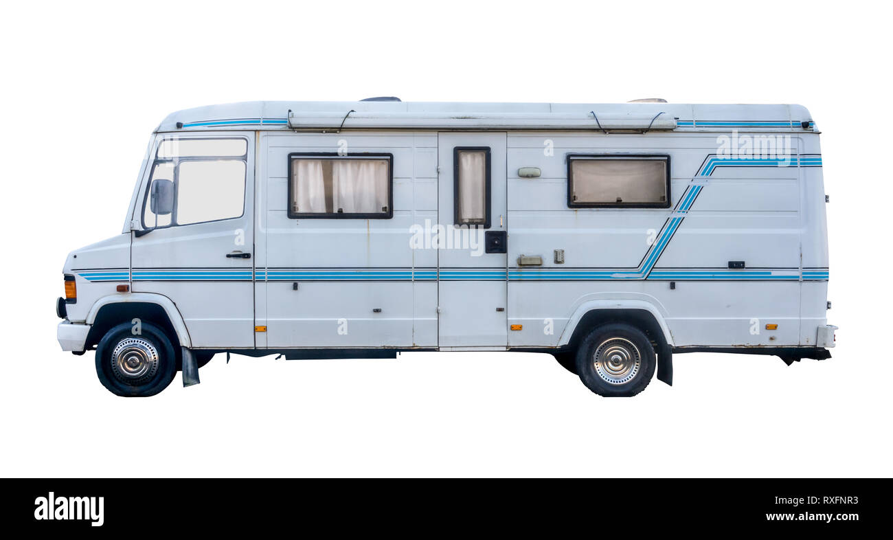 Isolated Vintage Grungy Old White Campervan Or Motorhome On A White Background Stock Photo