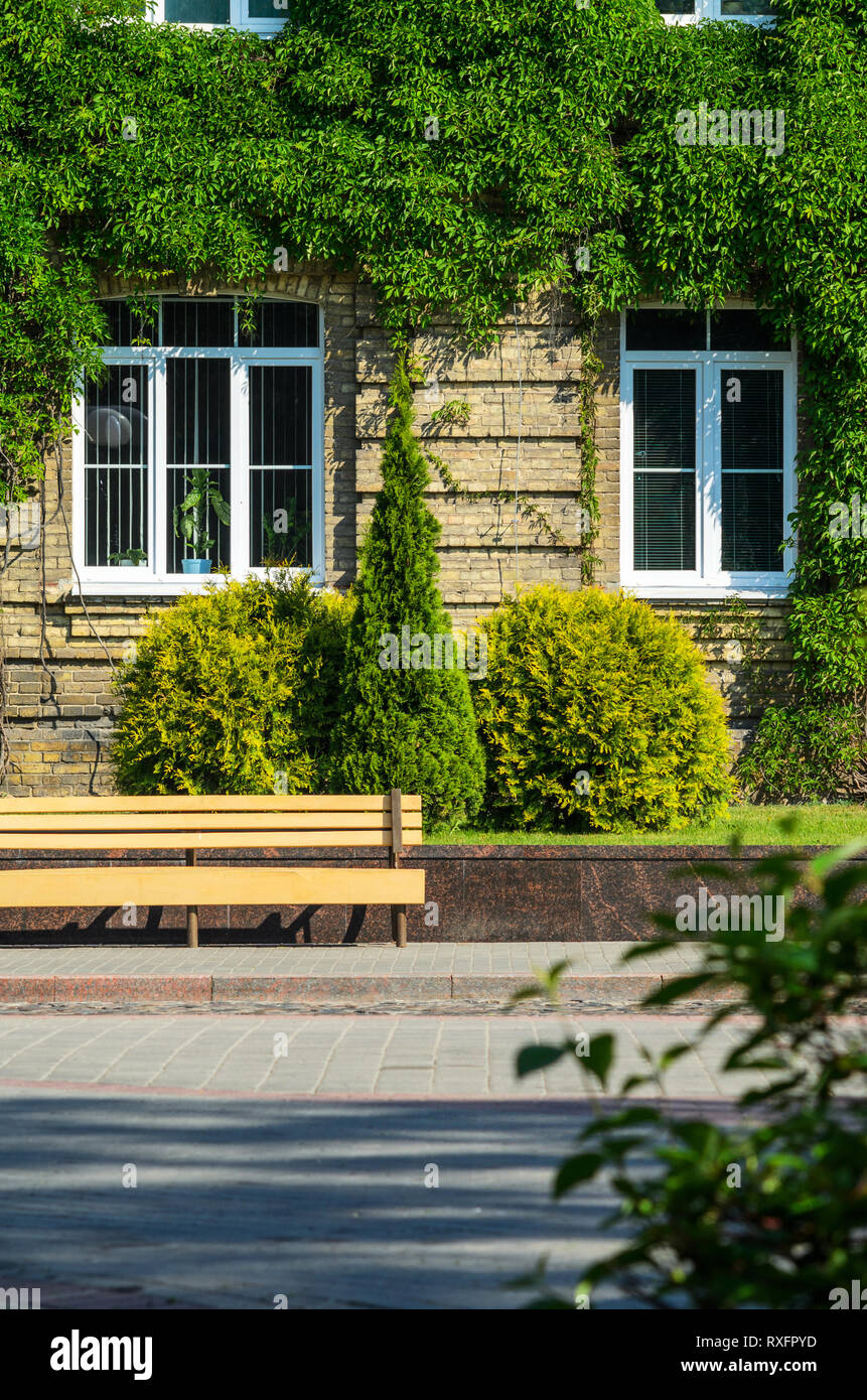 The Urban Invironment- Wooden Bench in Front of the Brick Facade of an ...