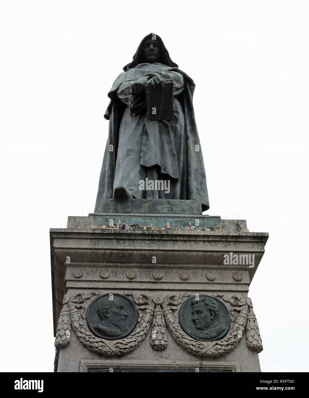 statue of the Italian friar called GIORDANO BRUNO who was excommunicated and incarcerated and judged heretical and then condemned to the stake by the  Stock Photo