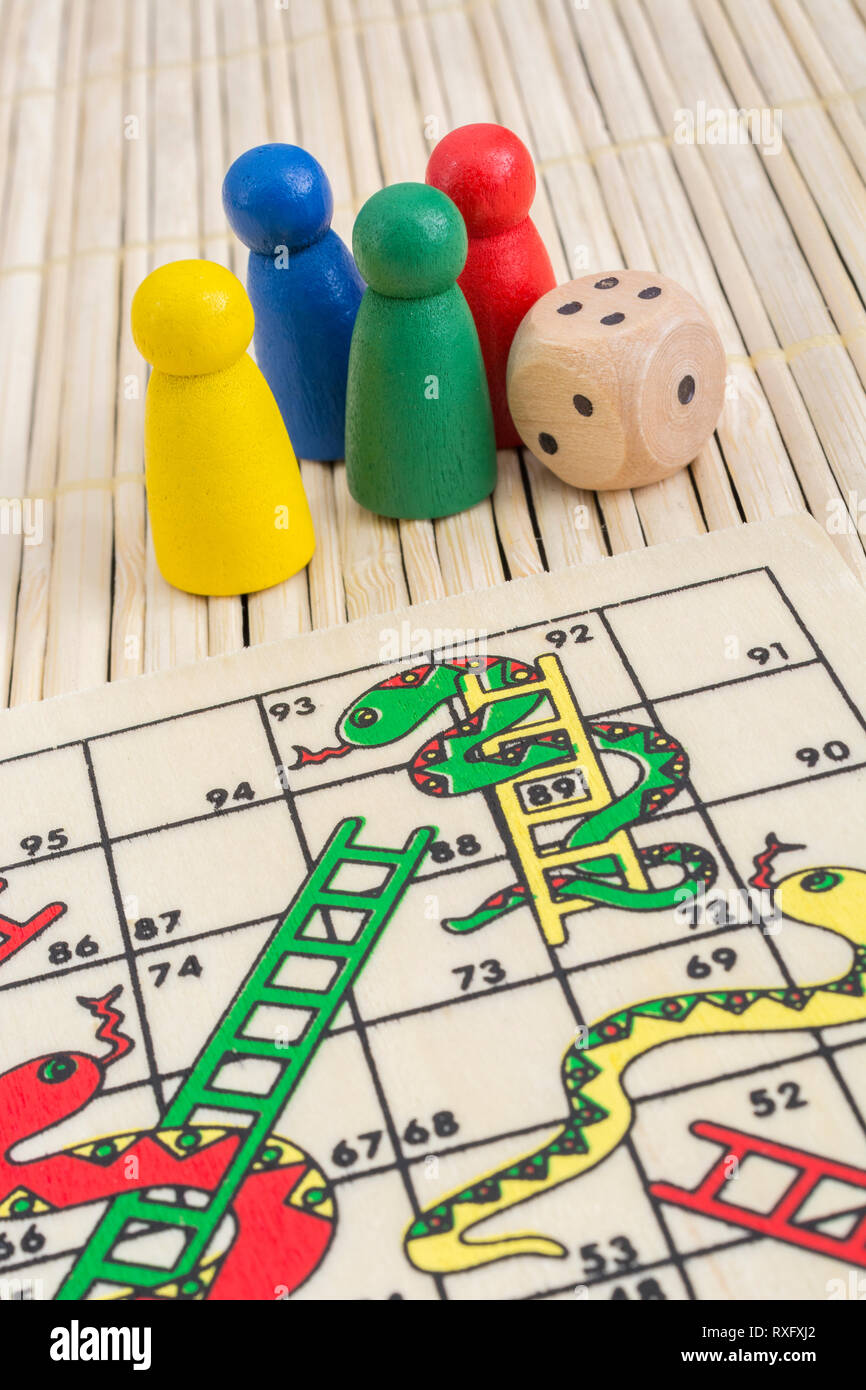 Closeup of small Snakes and Ladders game / board game For climbing