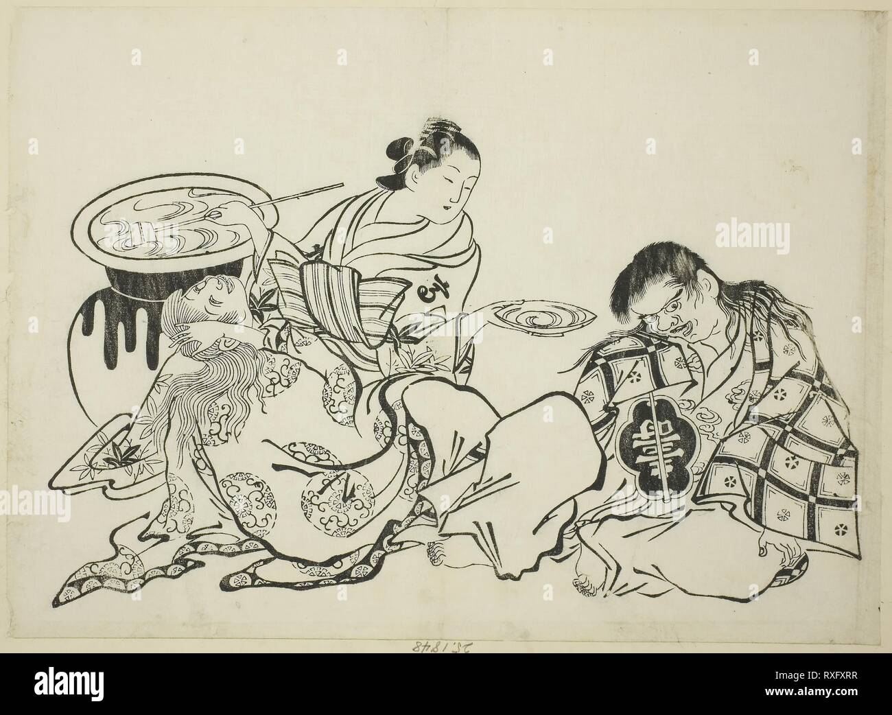 Courtesan Plying Shojo with Sake, no. 4 from a series of 12 prints. Okumura Masanobu; Japanese, 1686-1764. Date: 1703-1713. Dimensions: 26.6 x 36.9 cm. Woodblock print; oban, sumizuri-e. Origin: Japan. Museum: The Chicago Art Institute. Stock Photo