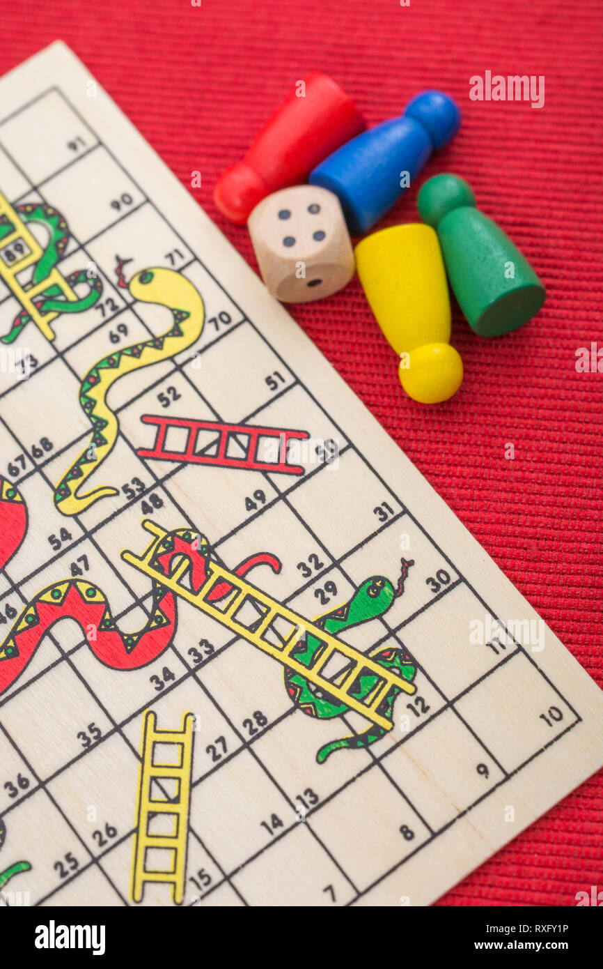 Closeup of small Snakes and Ladders game / board game For climbing career ladder, getting on