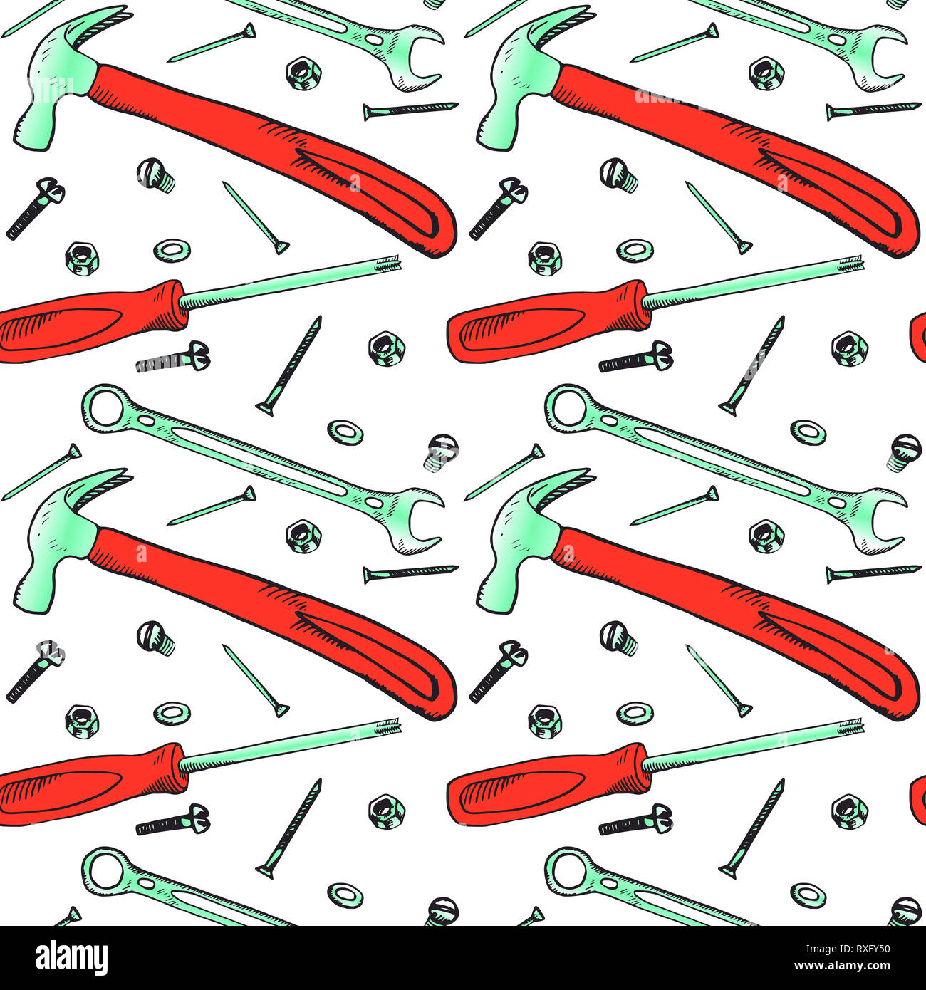 Hammer, screwdriver, wrench with bolt, nut, washer, nail and screw, seamless pattern design, hand drawn doodle, sketch in pop art style Stock Photo