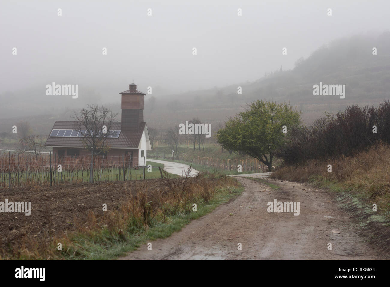 house in foggy countryside Stock Photo