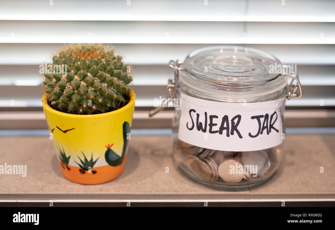 Swear jar positioned on the kitchen window sill Stock Photo