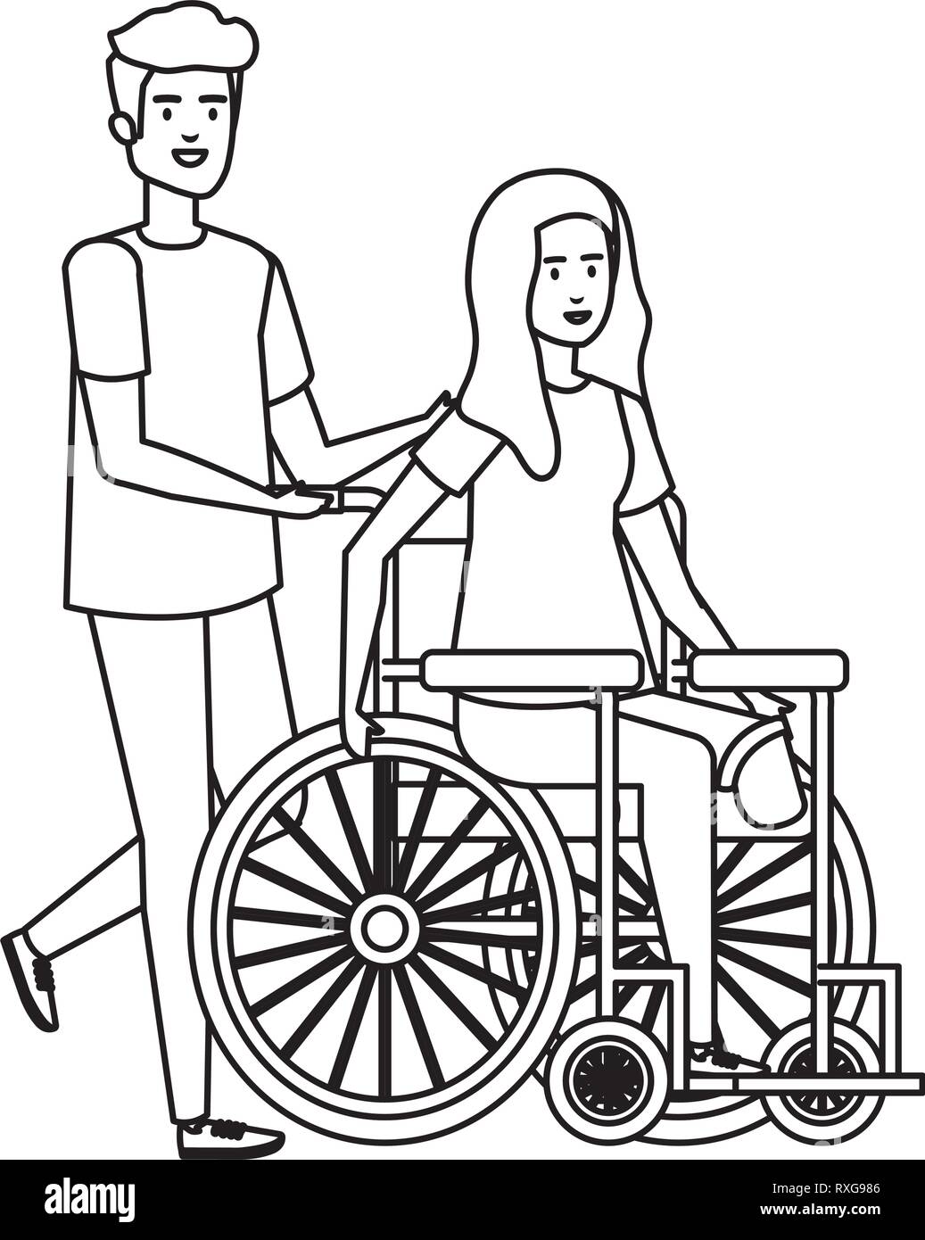 young woman in wheelchair with male helper Stock Vector Image & Art - Alamy