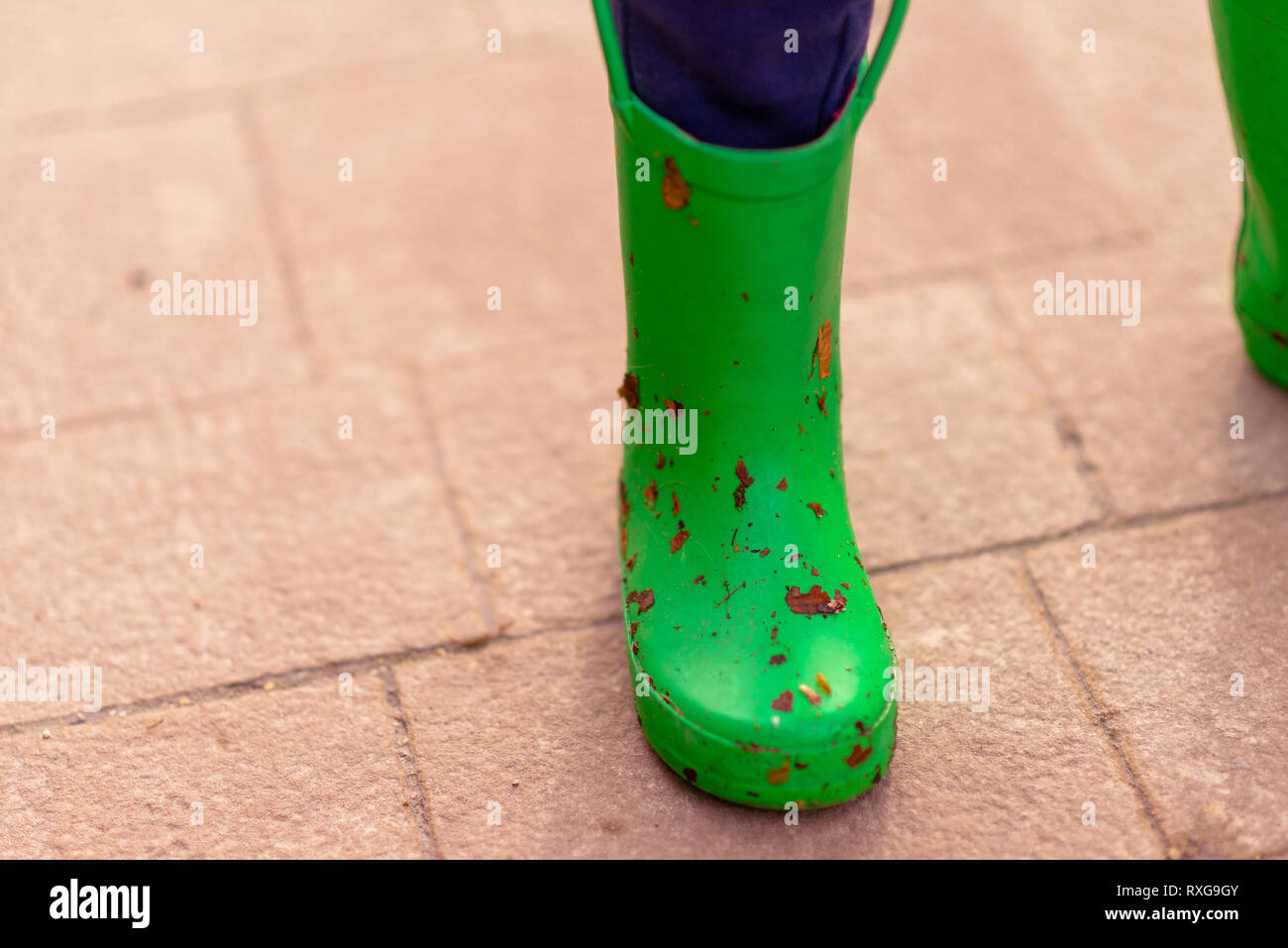 Small childs green welly covered in dirt and leaves Stock Photo